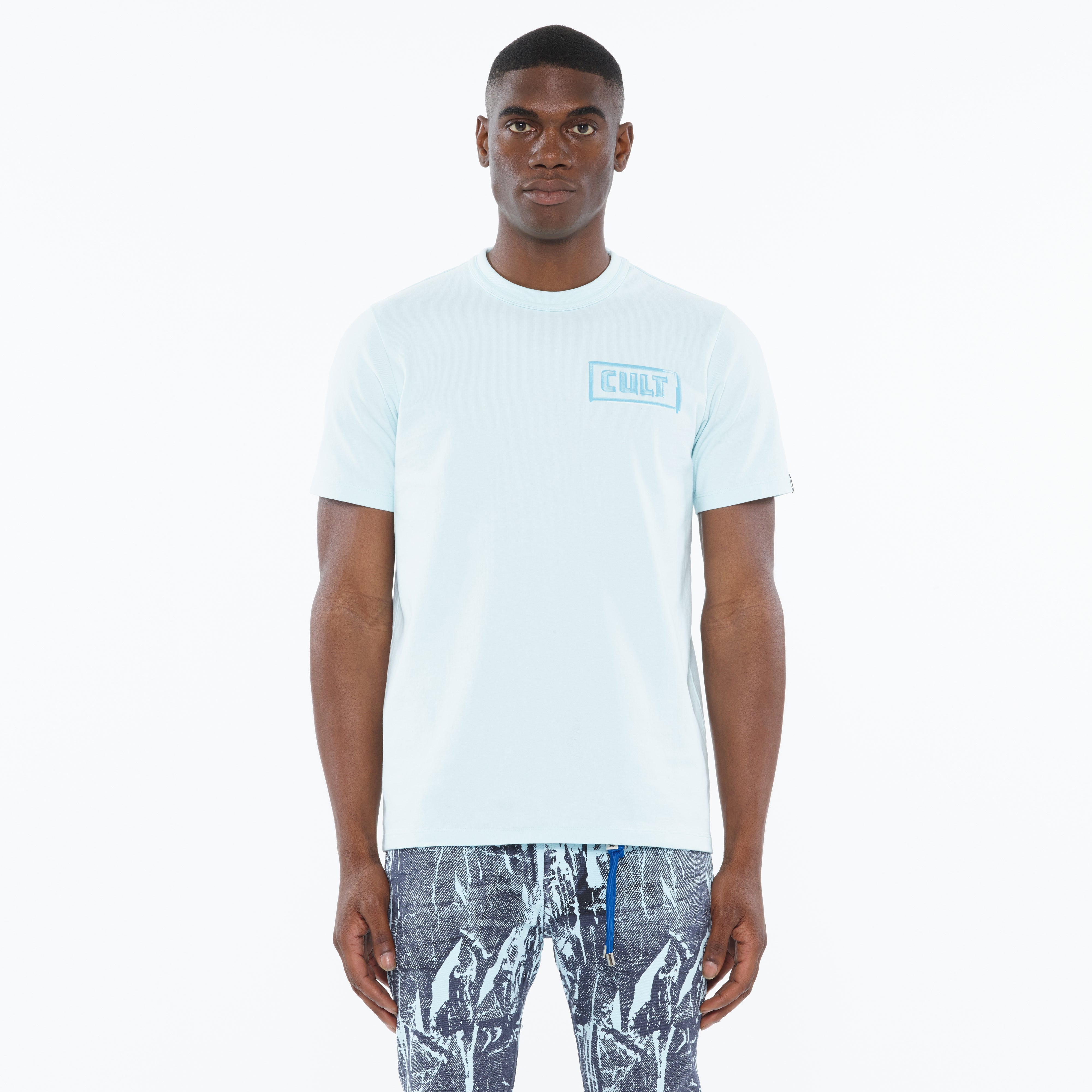 Cult's Heavyweight Short Sleeve Crew Neck Tee "Stroke" in Powder Blue