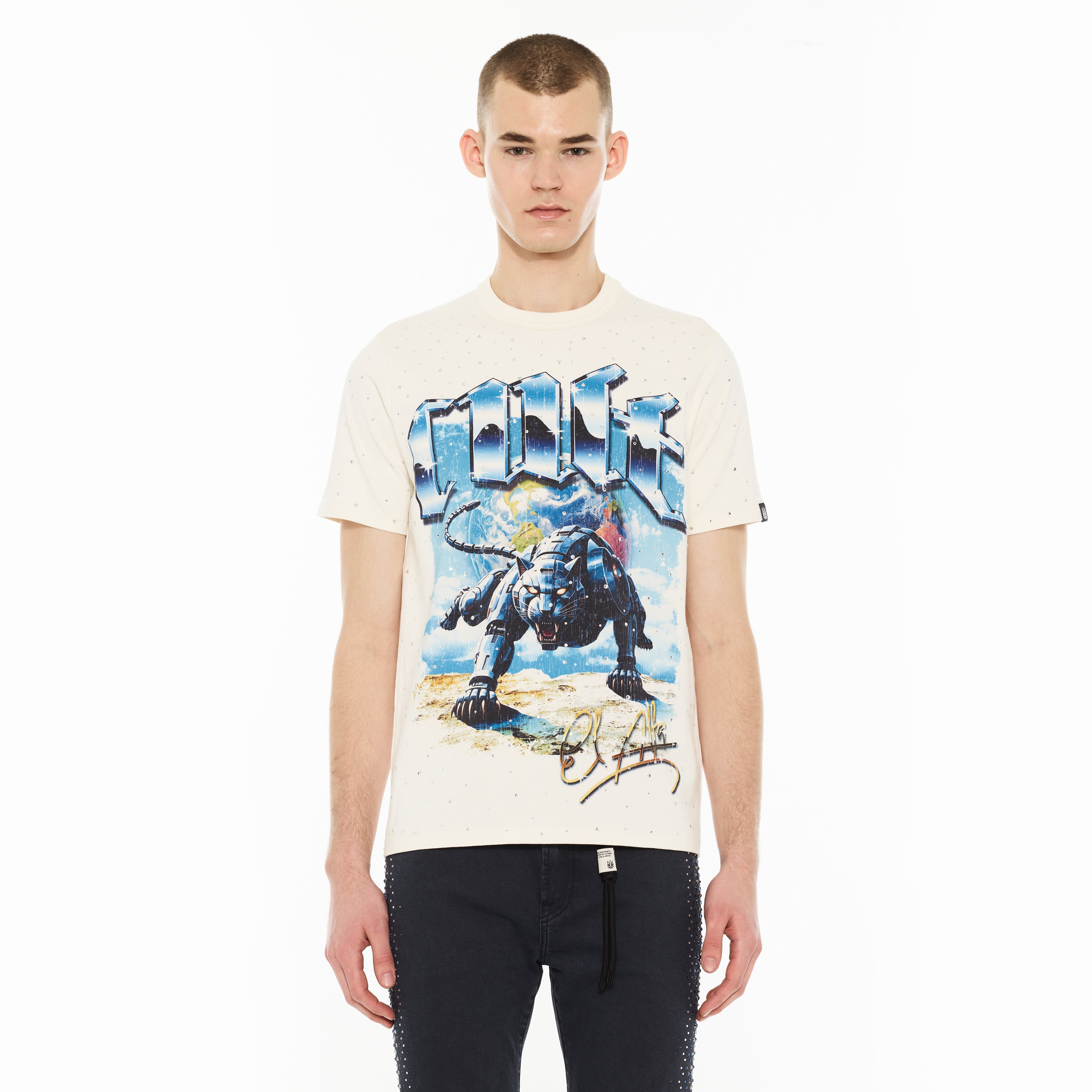 Cult x El Alfa Premium Short Sleeve Crew Neck Tee "Panther" in Winter White