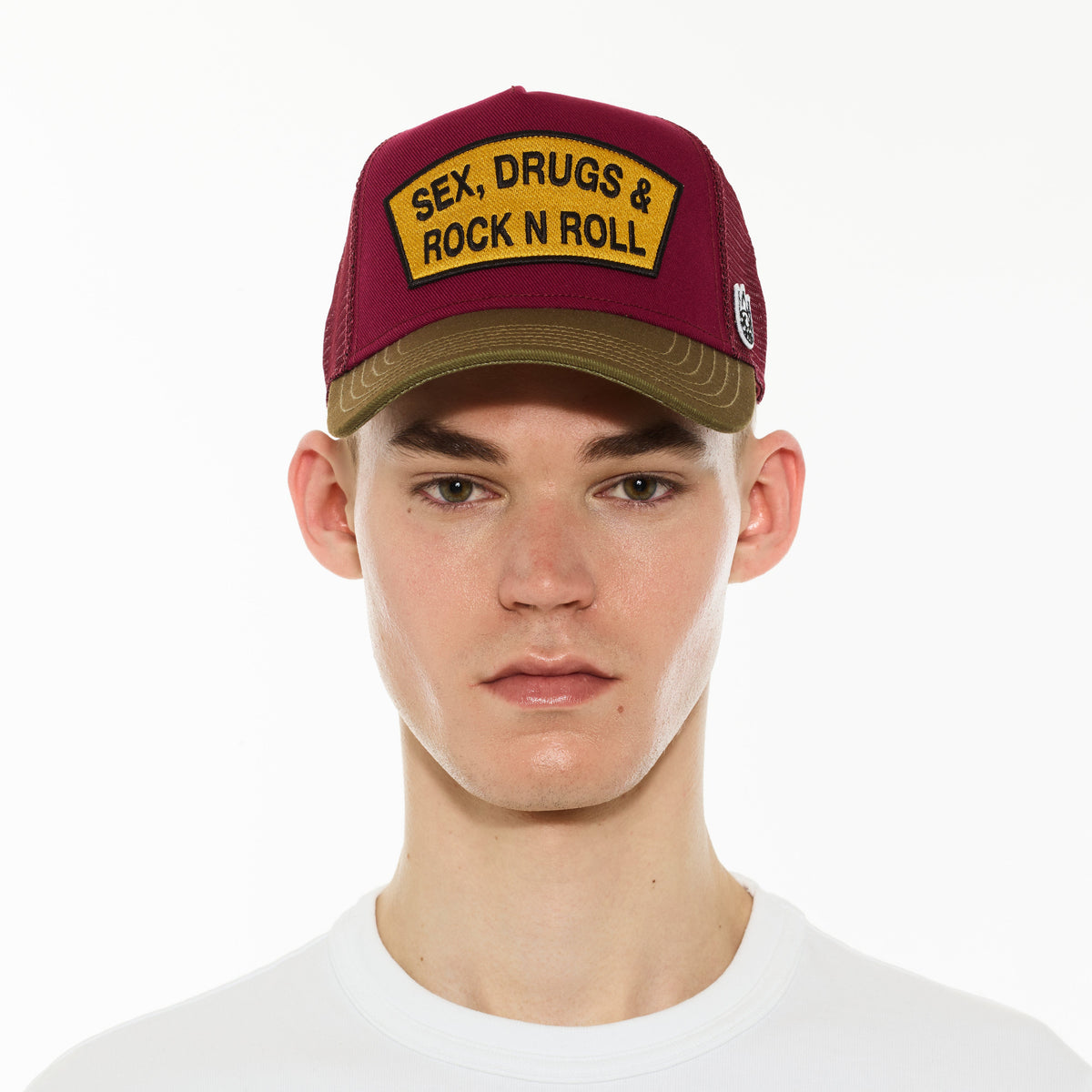 Cult's Logo Mesh Back Trucker Hat "Sex Drugs Rock N Roll" in Rumba Red