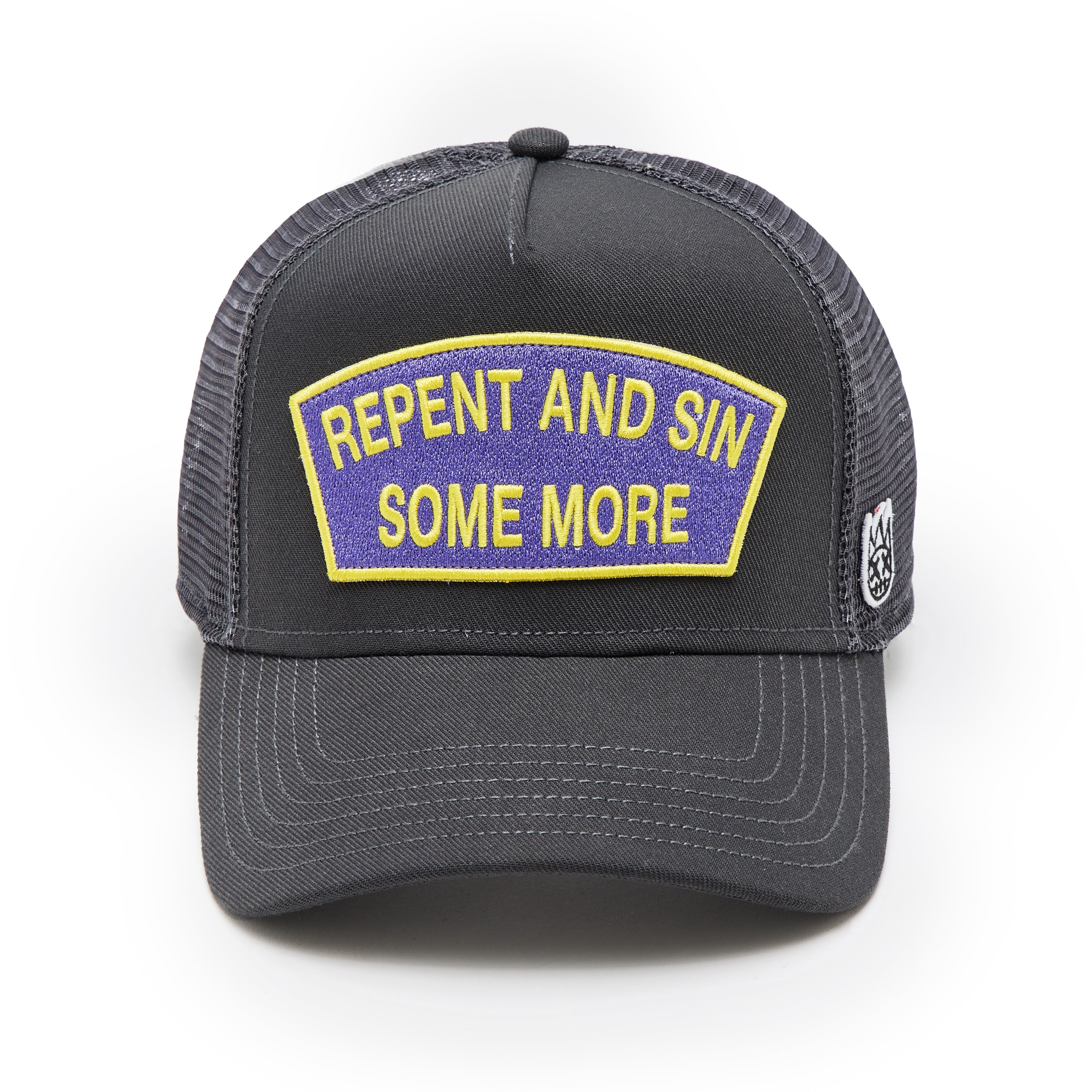 Cult's Logo Mesh Back Trucker Hat "Repent And Sin Some More" in Forged Iron