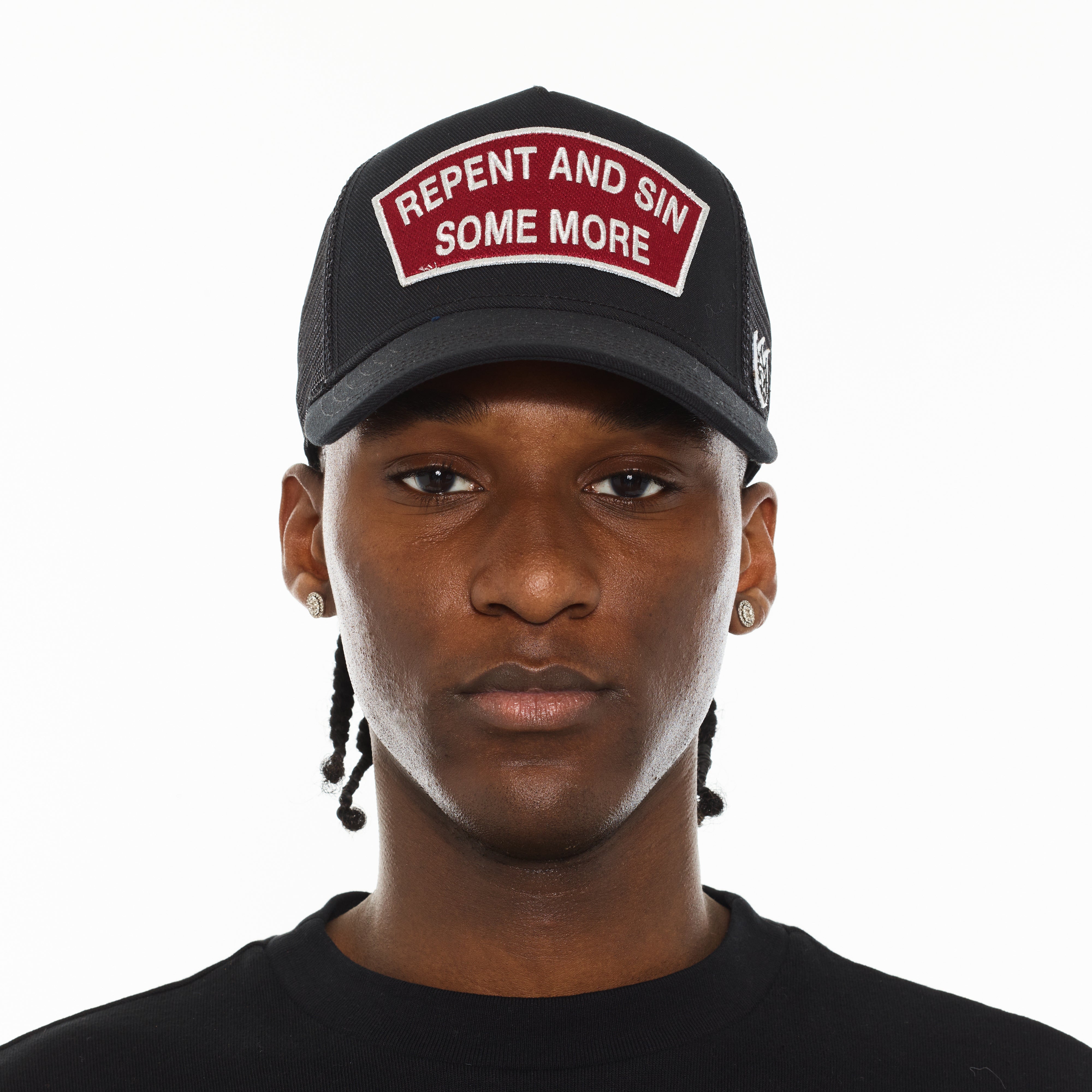 Cult's Logo Mesh Back Trucker Hat "Repent And Sin Some More" in Black