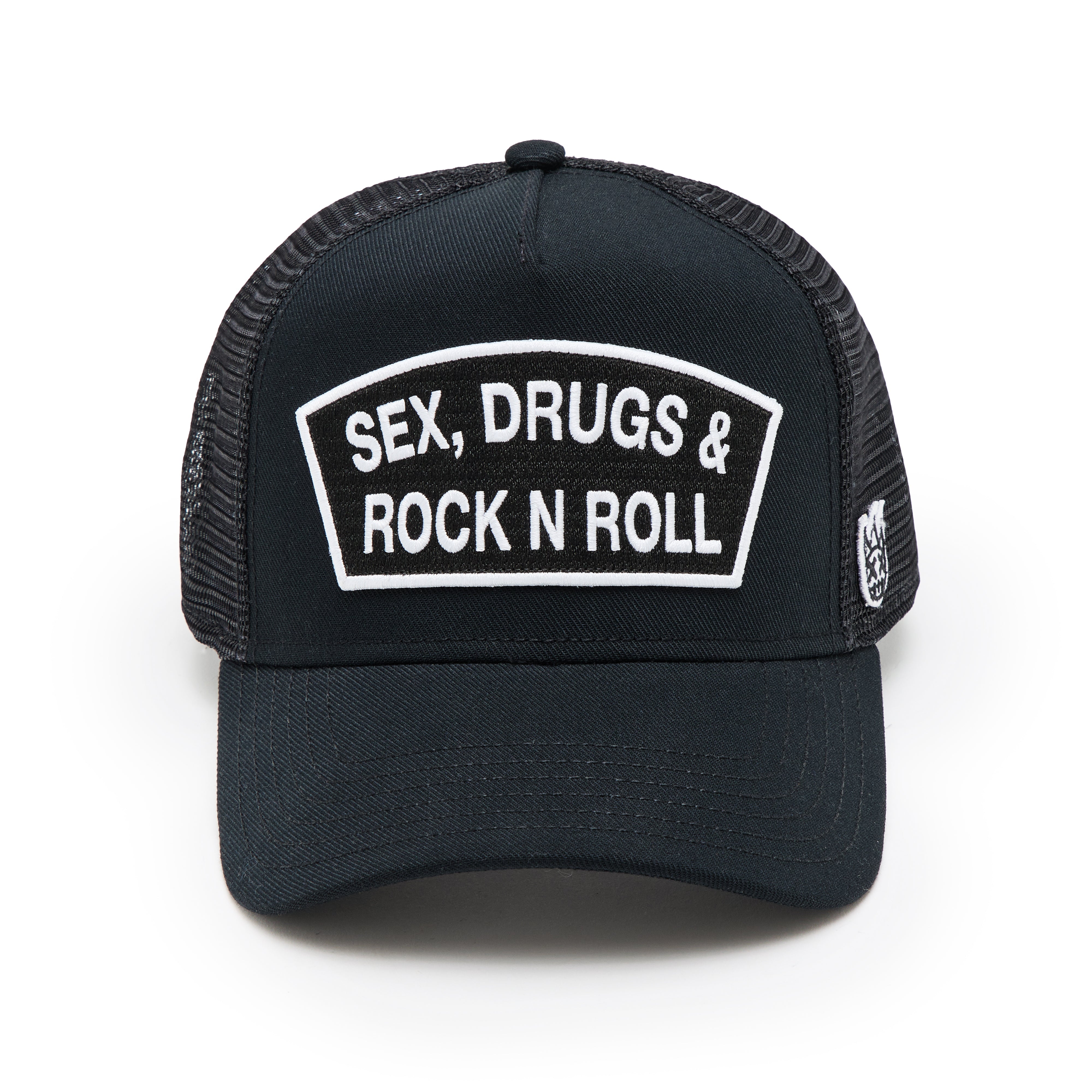 Cult's Logo Mesh Back Trucker Hat "Sex Drugs Rock N Roll" in Black