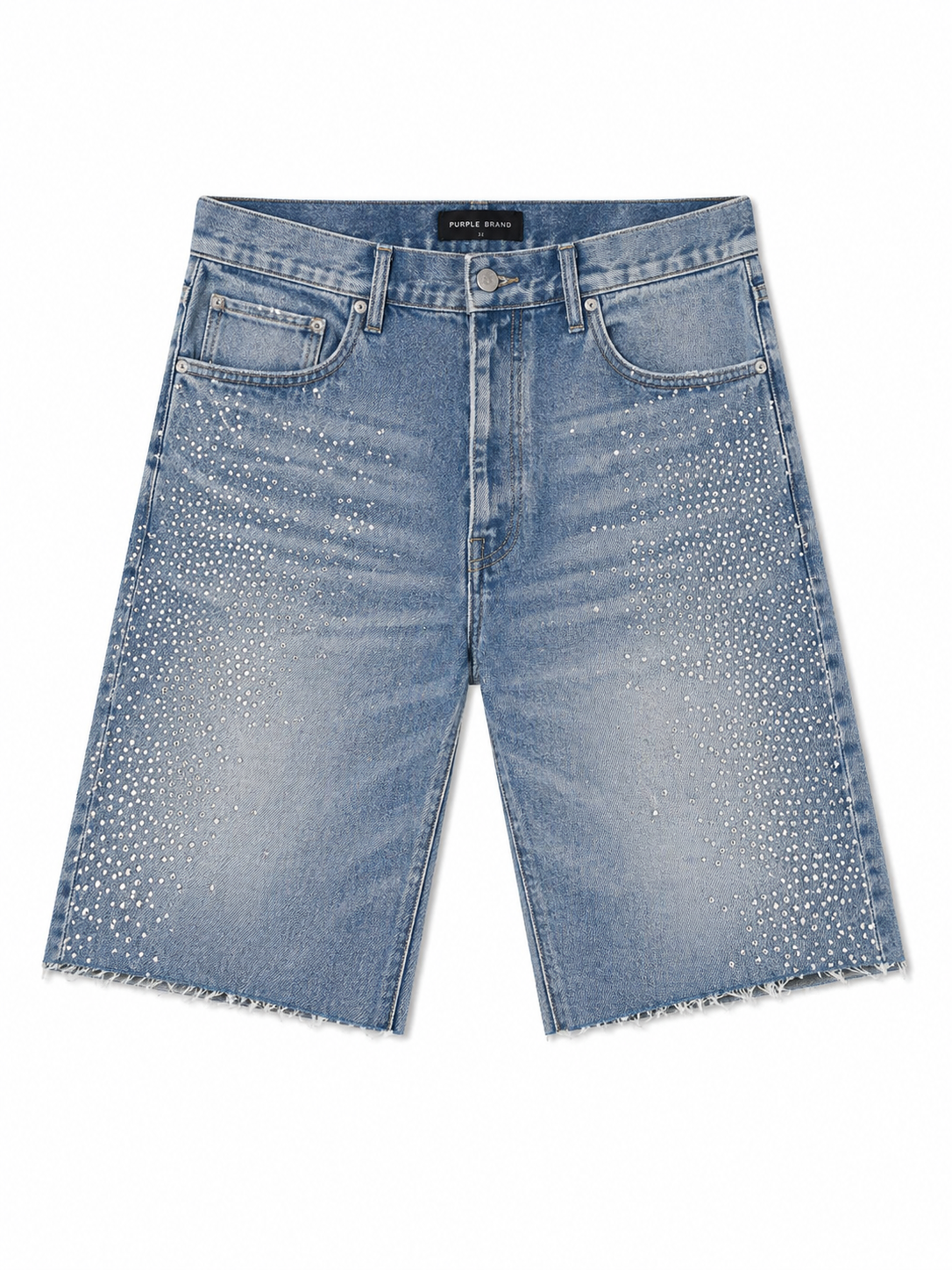 Hotfix Pearls Worn Shorts - Light Indigo
