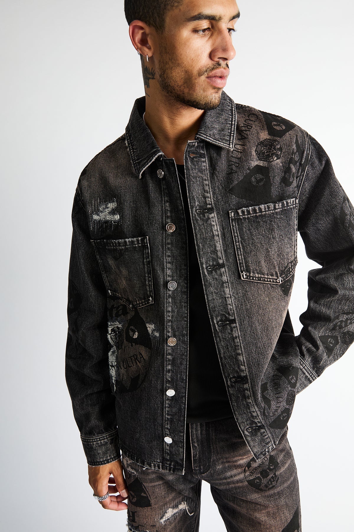 Norris Denim Shacket - Charcoal Ember Allover Soccer
