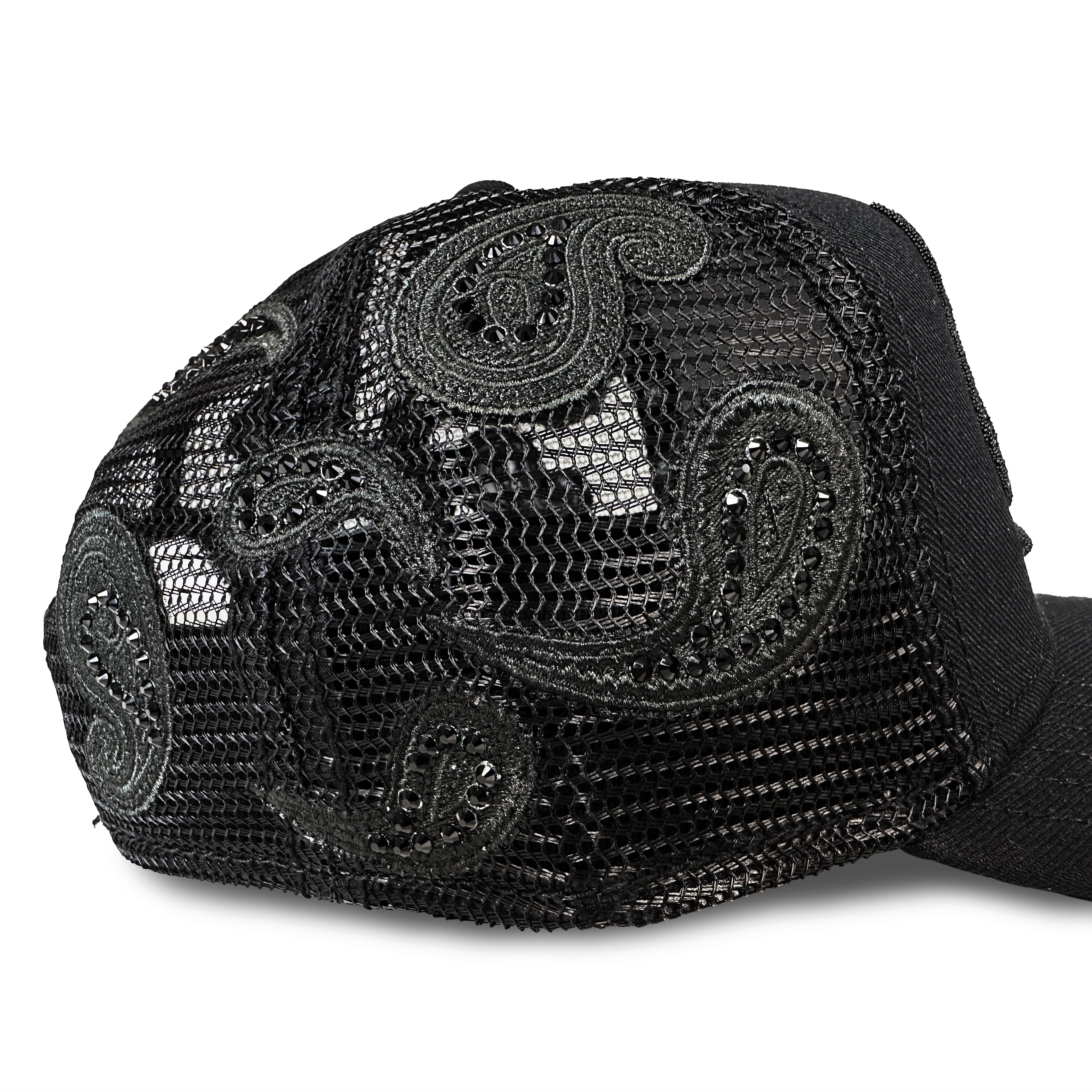 Cult's Crystal Paisley Shimuchan Logo Mesh Back Trucker Hat in Black
