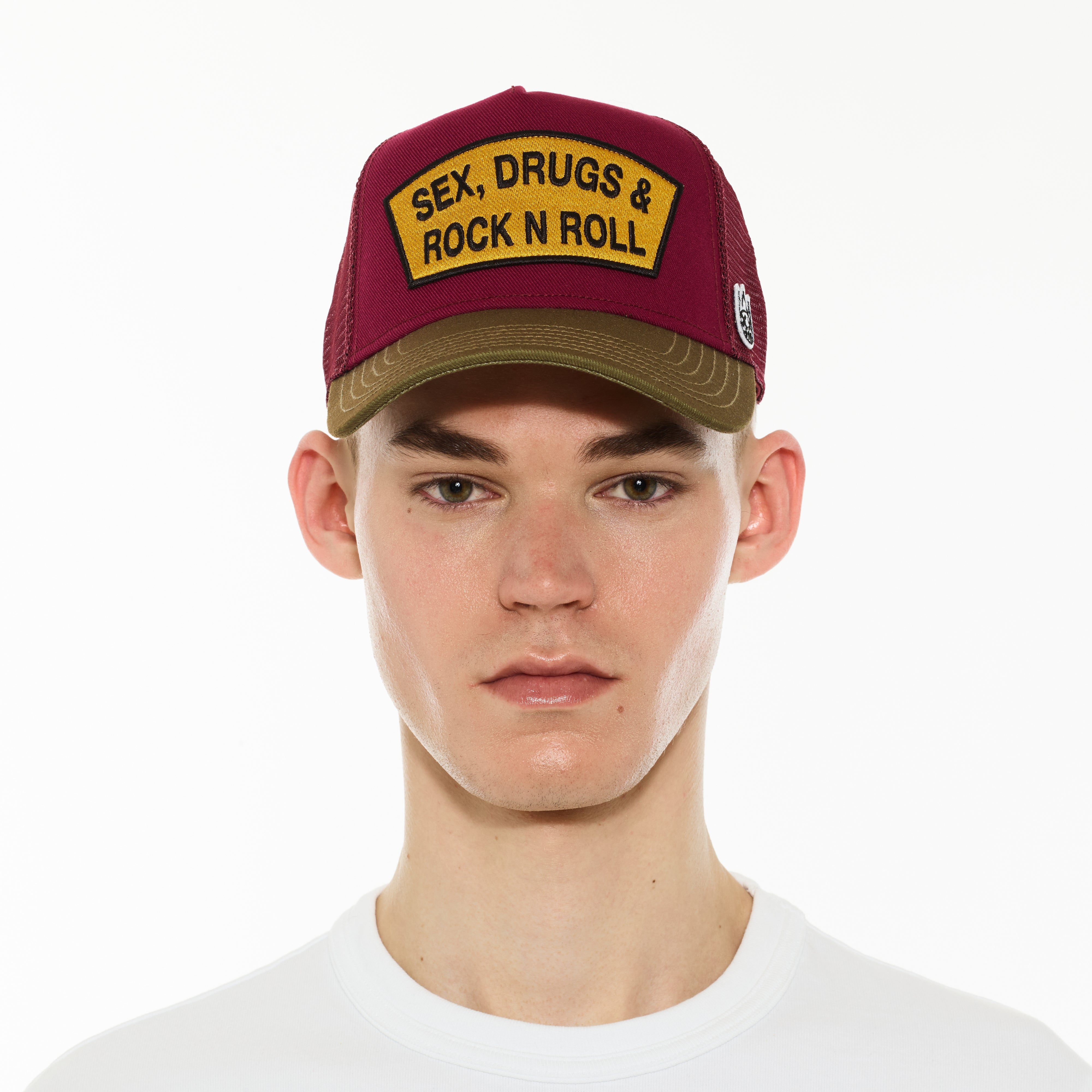 Cult's Logo Mesh Back Trucker Hat "Sex Drugs Rock N Roll" in Rumba Red