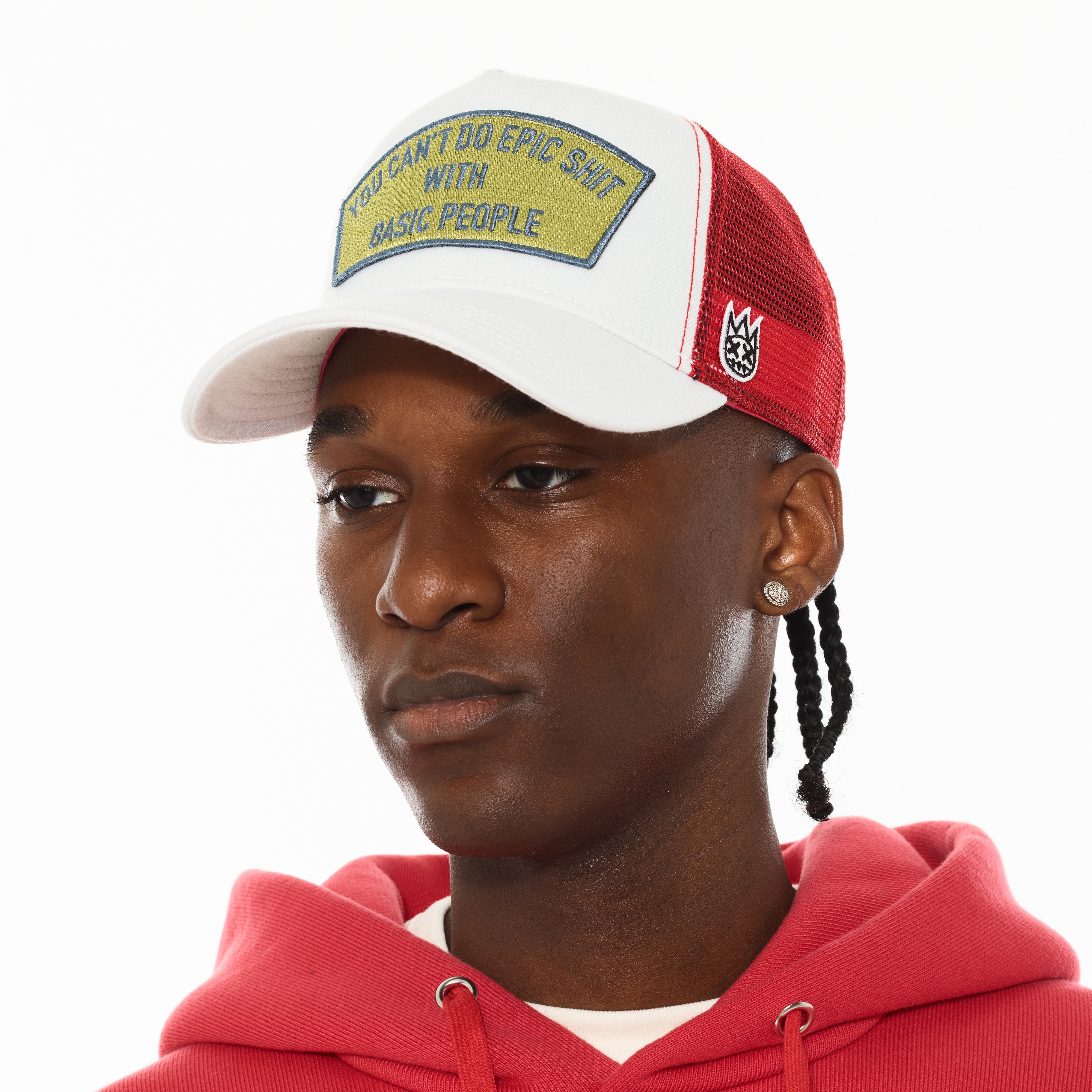 Cult's Logo Mesh Back Trucker Hat "Epic Shit" in Winter White