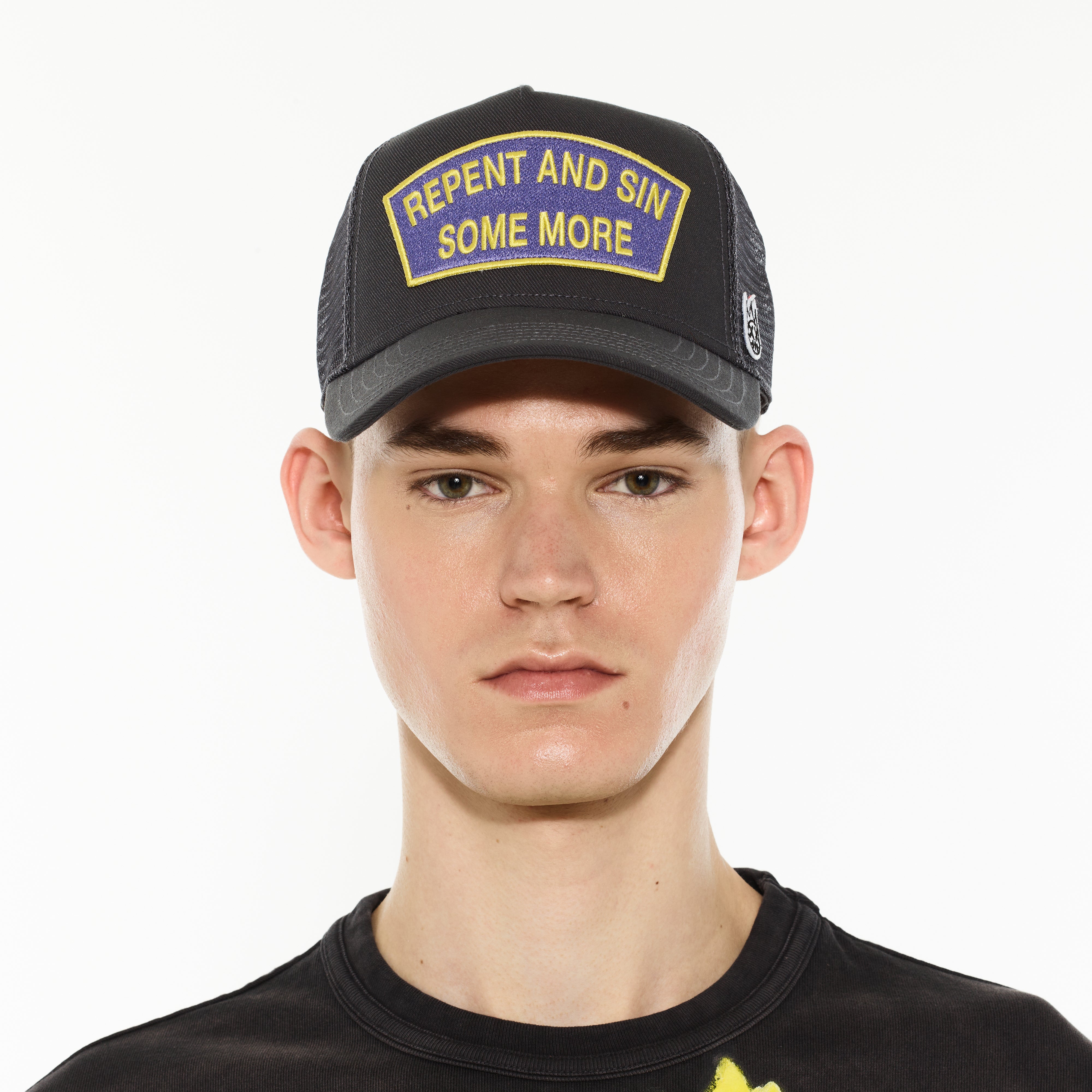 Cult's Logo Mesh Back Trucker Hat "Repent And Sin Some More" in Forged Iron