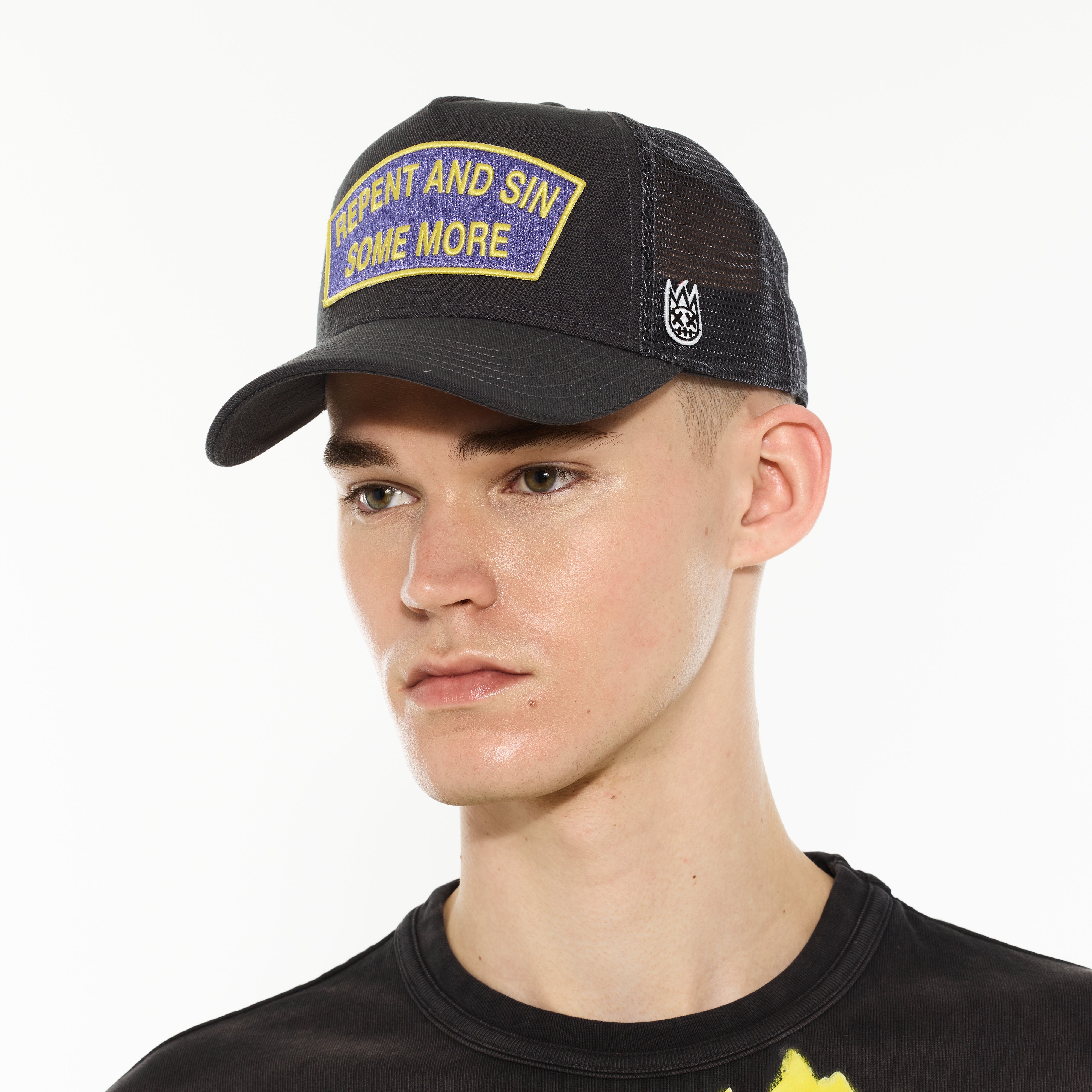 Cult's Logo Mesh Back Trucker Hat "Repent And Sin Some More" in Forged Iron