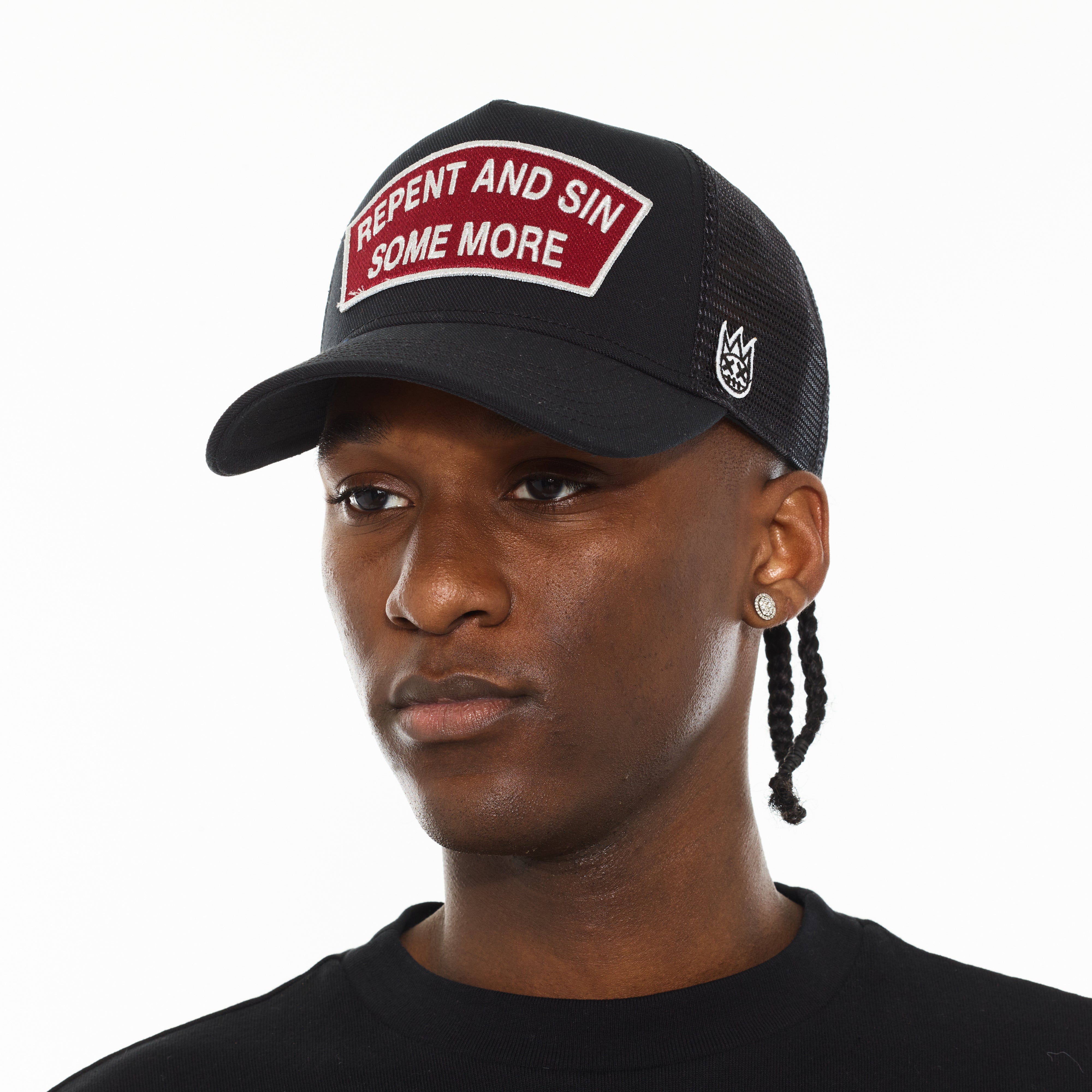 Cult's Logo Mesh Back Trucker Hat "Repent And Sin Some More" in Black