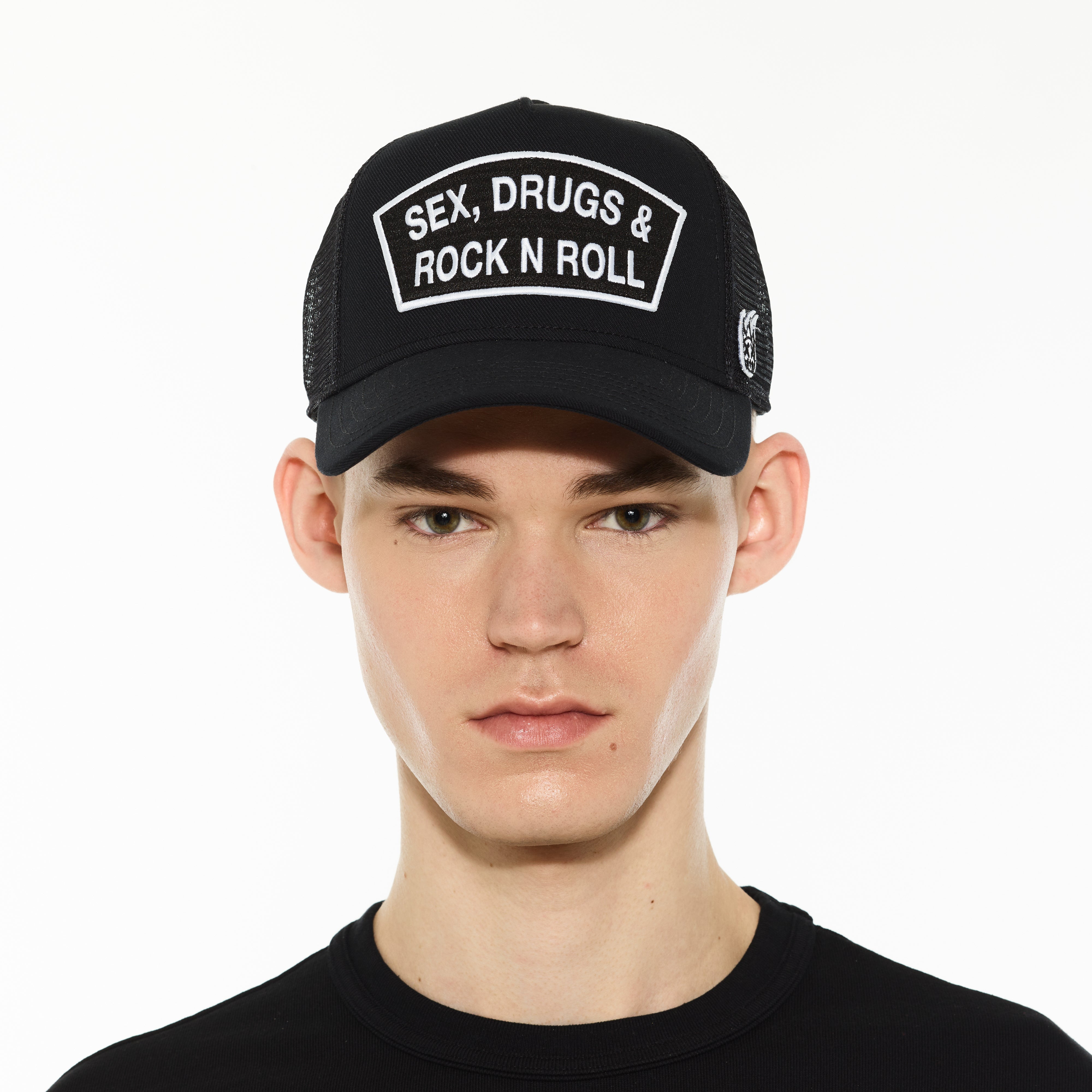 Cult's Logo Mesh Back Trucker Hat "Sex Drugs Rock N Roll" in Black