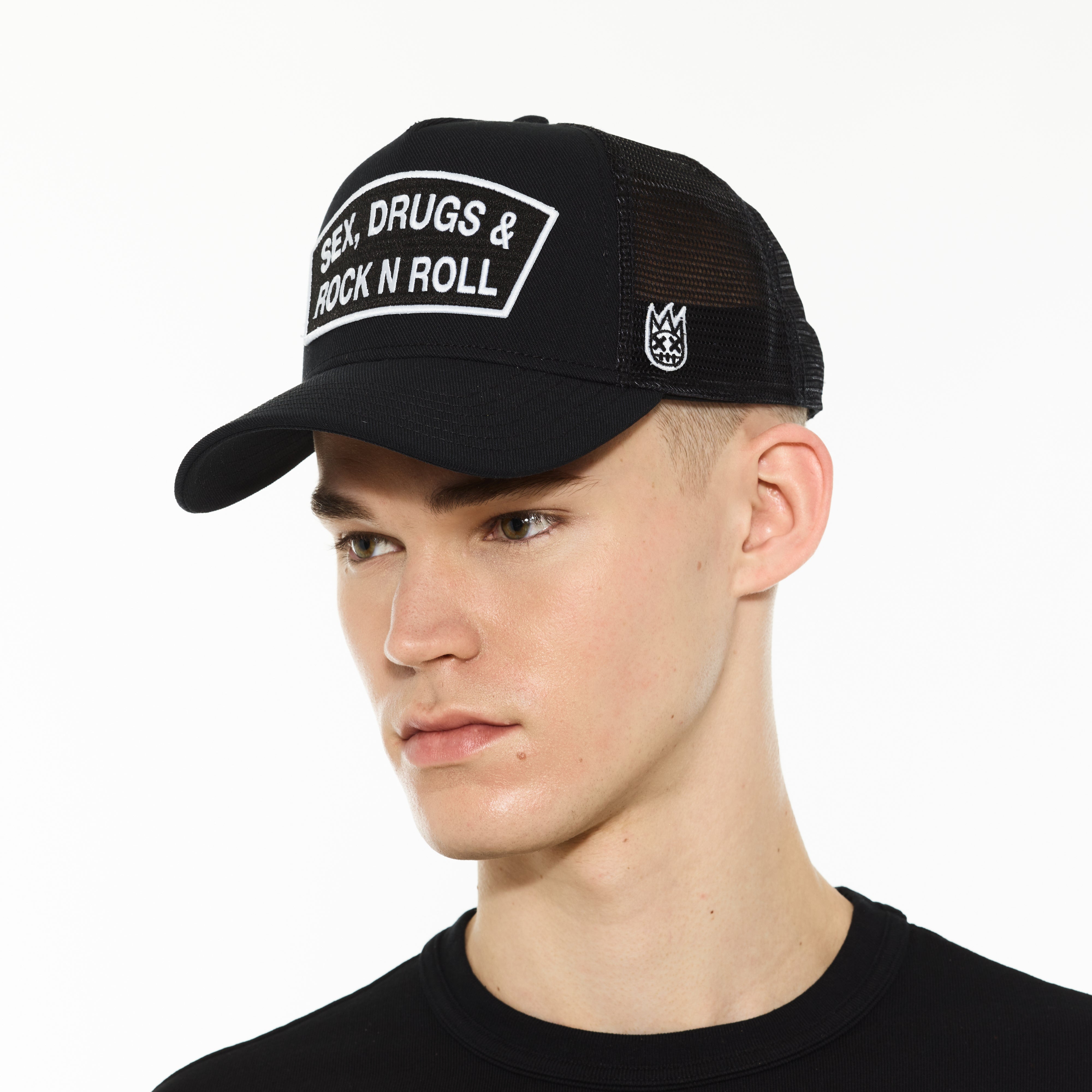 Cult's Logo Mesh Back Trucker Hat "Sex Drugs Rock N Roll" in Black
