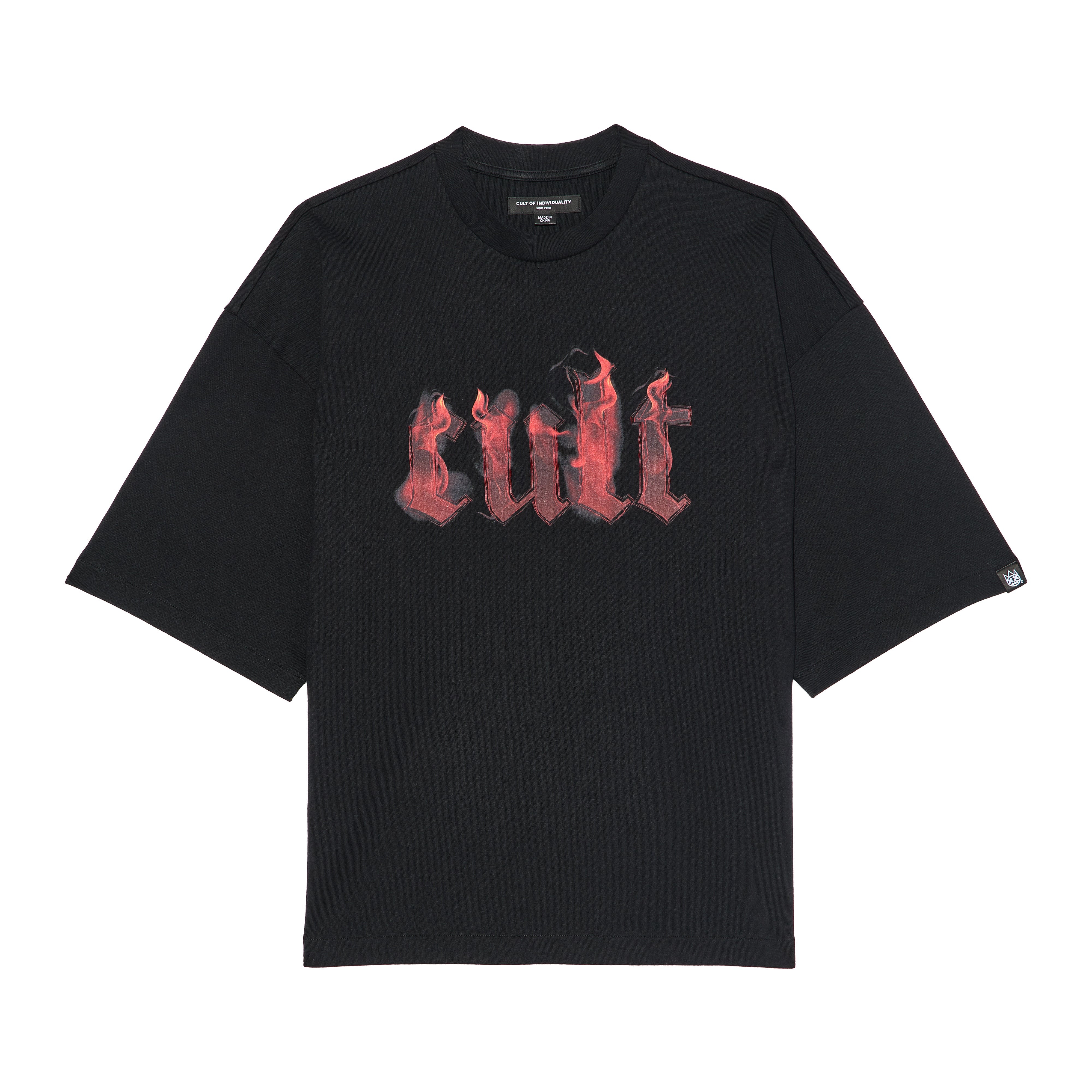 Cult's Oversized Short Sleeve Crew Neck Tee "Flame Logo" in Black