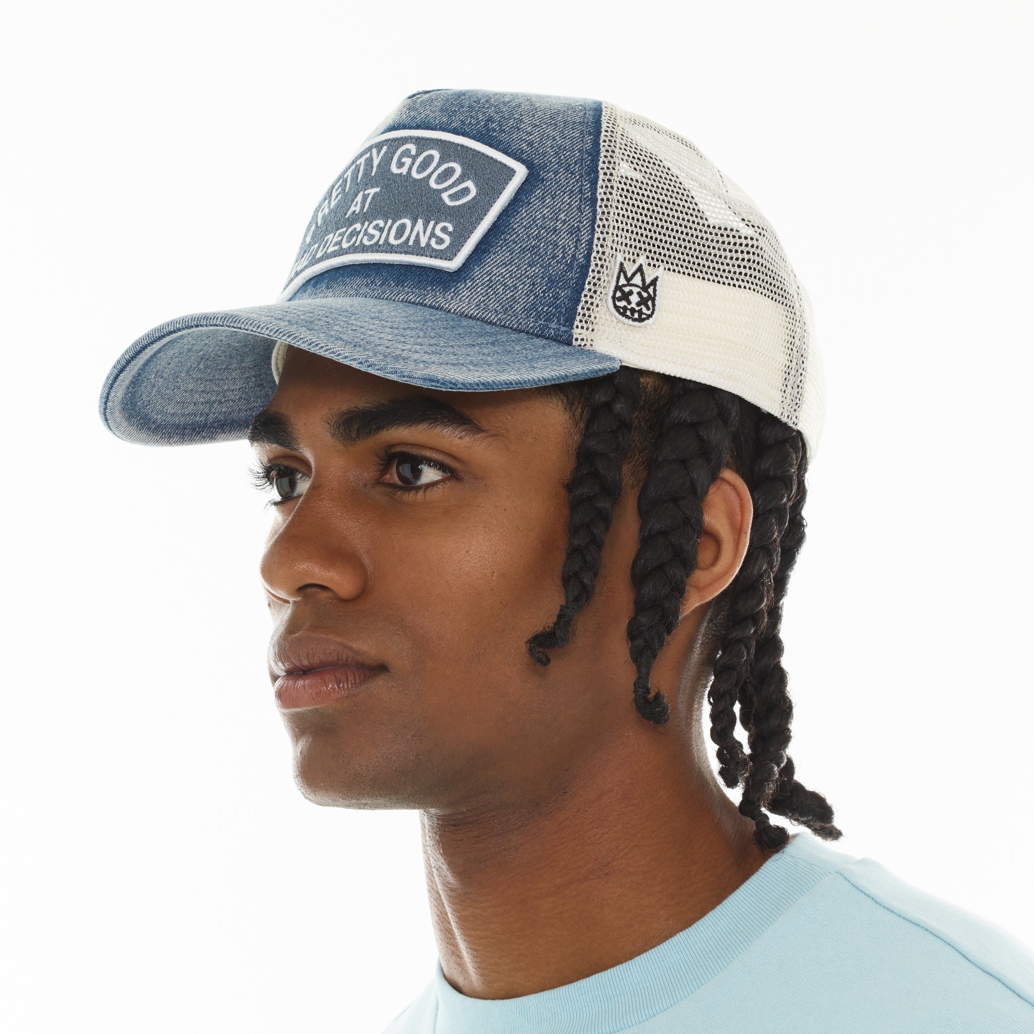 Cult's Mesh Trucker Hat "Good At Bad Decisions" In Denim