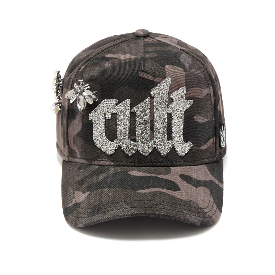 Old English Crystal Logo Mesh Back Trucker Hat - Black Camo