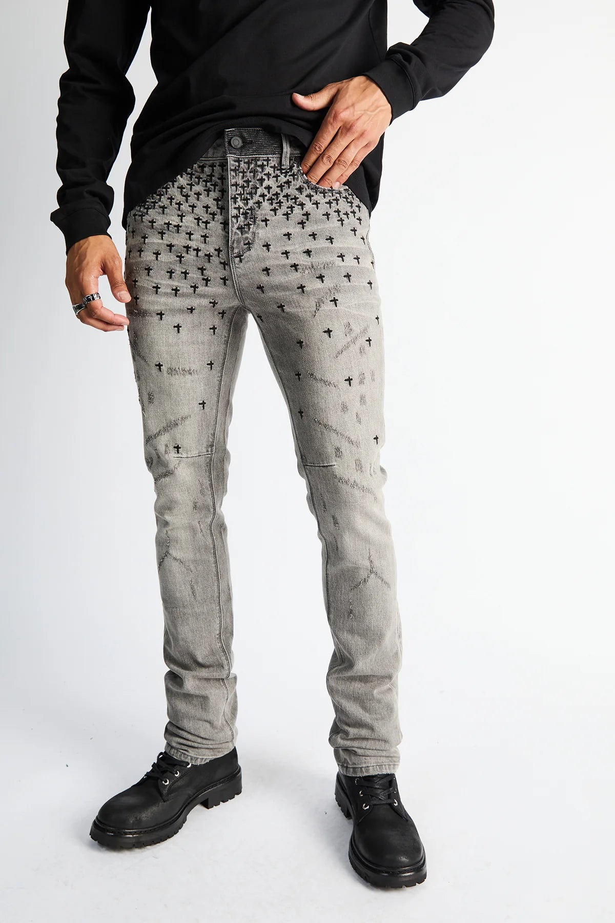 Olivier Stacked Skinny Jean - Smoky Rinse Allover Cross
