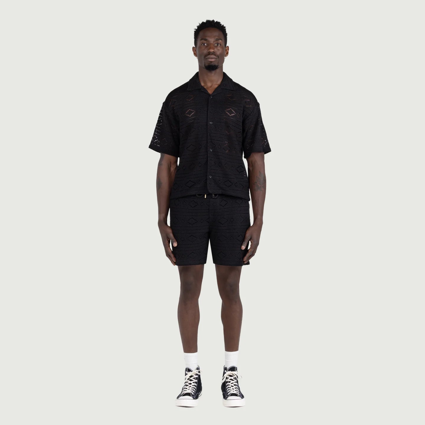 Pointelle Crochet Drawcord Shorts - Black